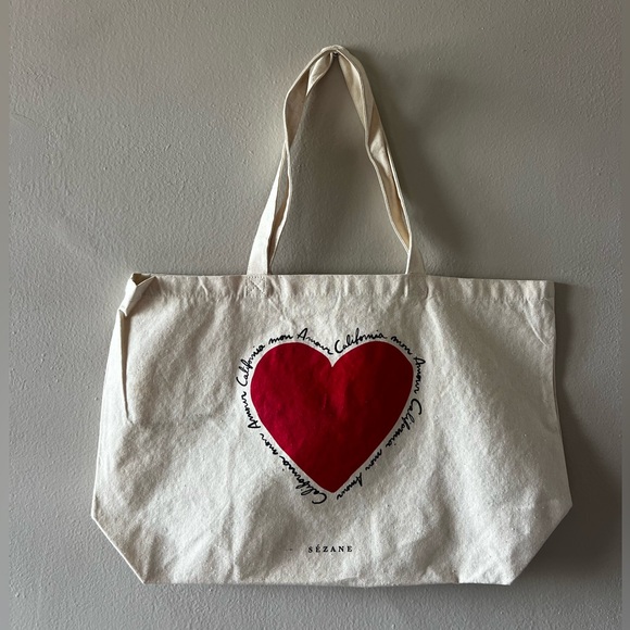Sezane Cream Tote Bag with Red Heart - Picture 1 of 2